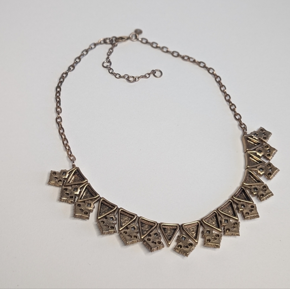 J. Crew Segmented Bib Chain Necklace Rhinestones Triangle Bead Antique Gold Tone - Picture 4 of 7